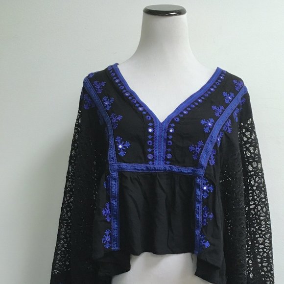 Free People lace black blue embroidered boogie top boho long sleeve M - Picture 2 of 8